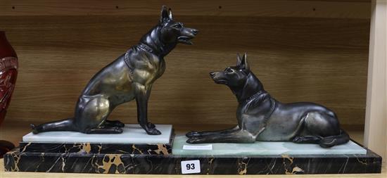 An Art Deco Spelter and marble group of two Alsatians